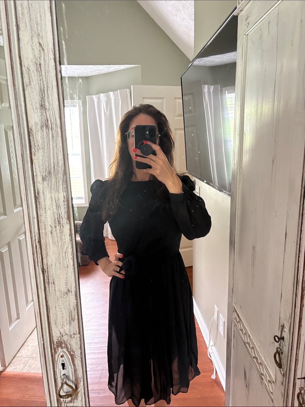 Melissa Black Long-Sleeve Midi Dress with Waist Tie